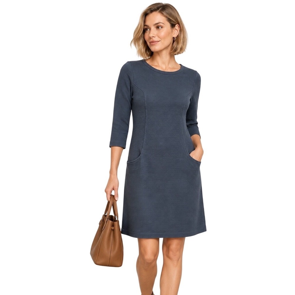 Boden Ottoman Ribbed Shift Dress Teal Blue 3/4 Sleeve Pockets Women's 8R